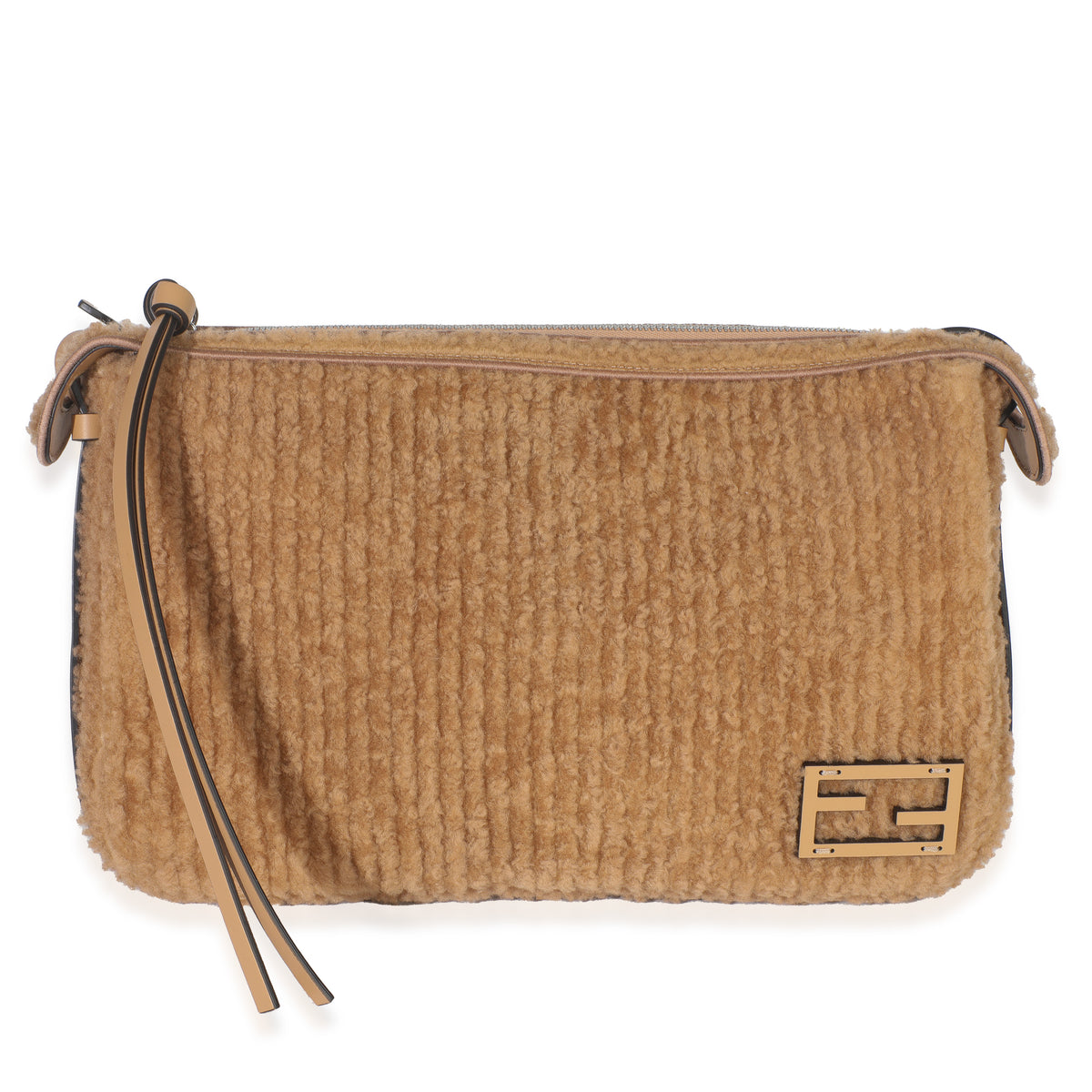 Fendi Miele Scuro Shearling Vitello Medium Simply  Shoulder Bag Handbag fv