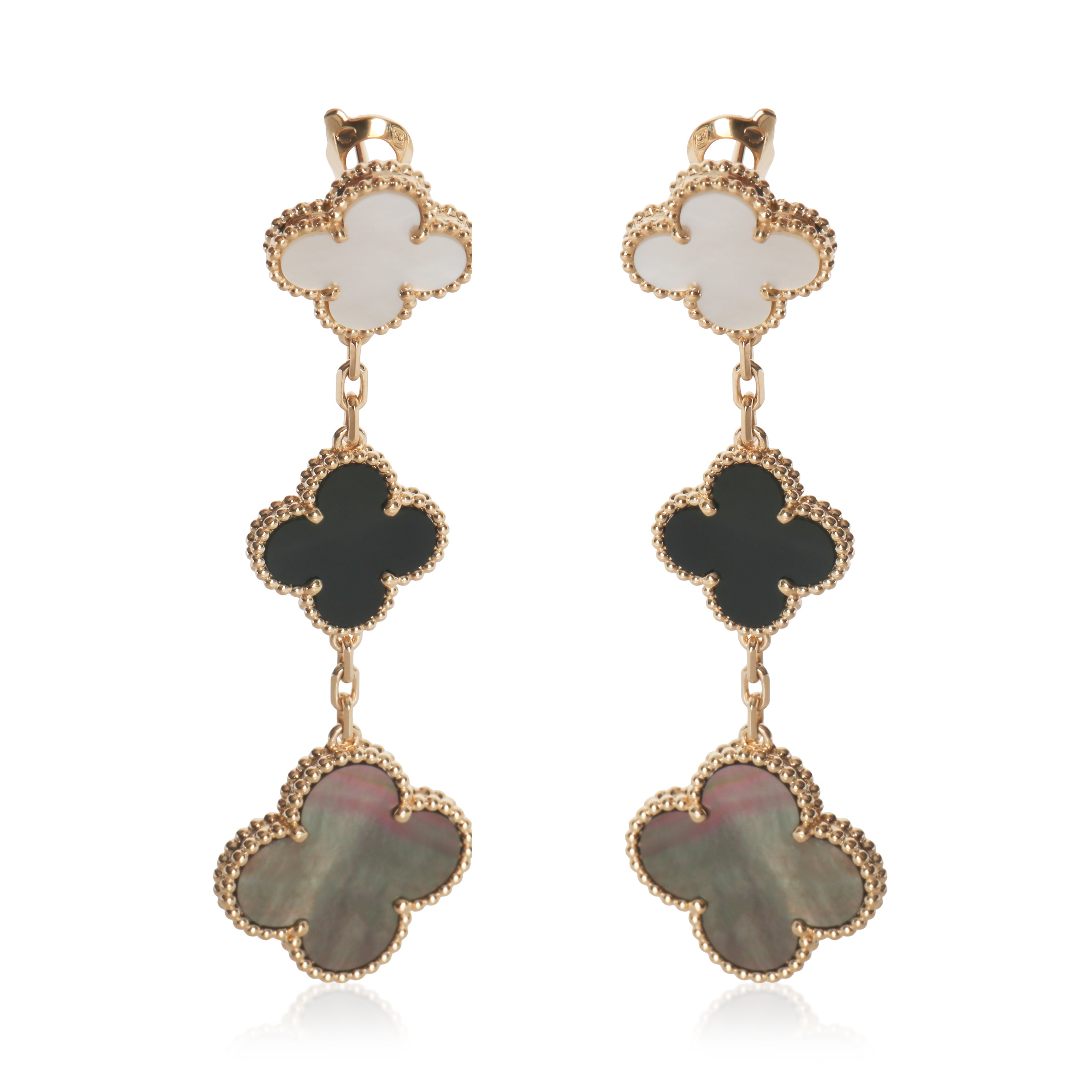 Van Cleef & Arpels Yellow Gold Mother Of Pearl and Onyx Magic Alhambra Earrings fv