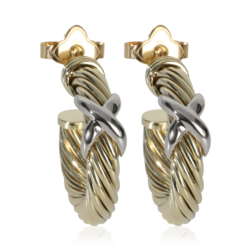 David Yurman White Gold & Yellow Gold  Cable X Hoop Earrings fv