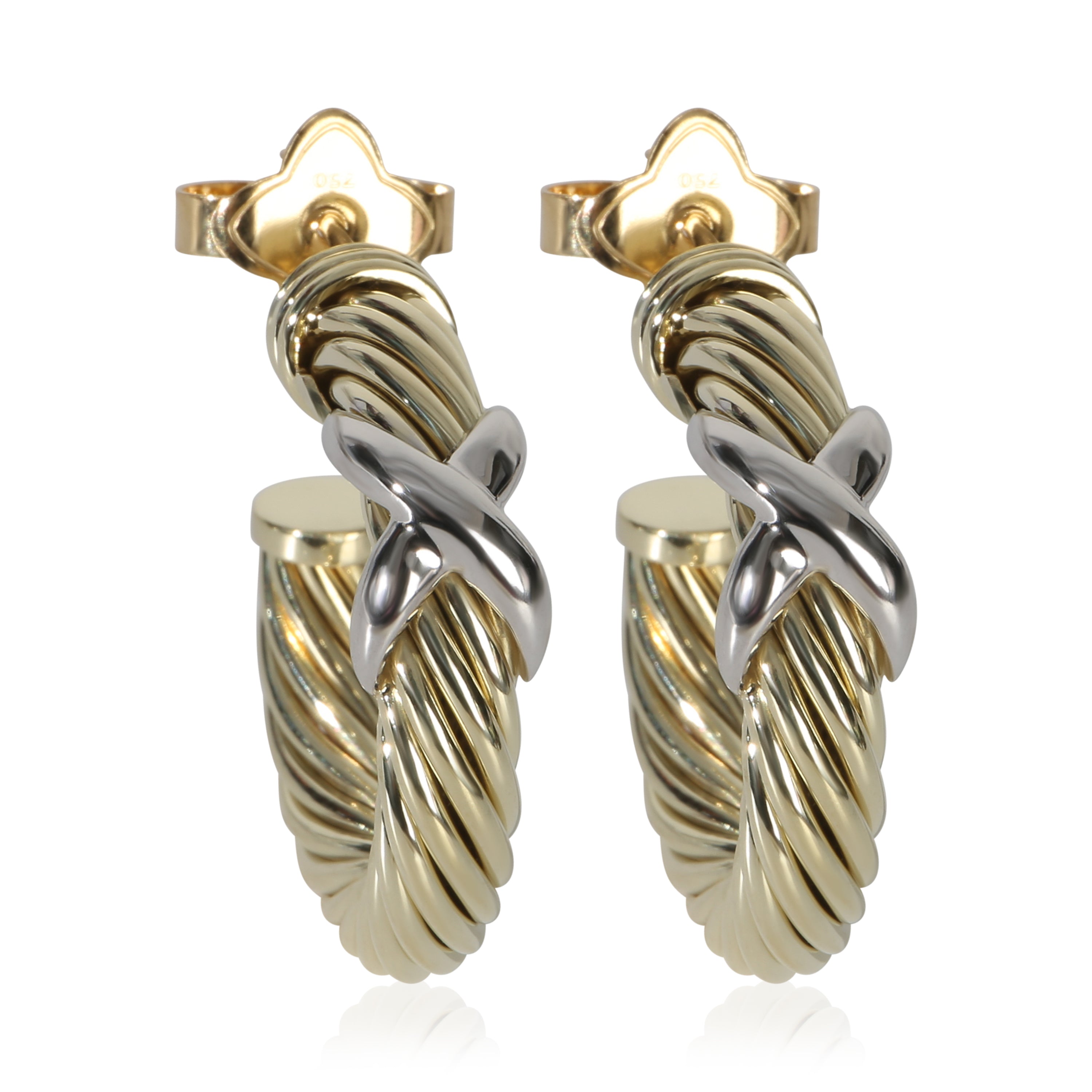 David Yurman White Gold & Yellow Gold  Cable X Hoop Earrings fv