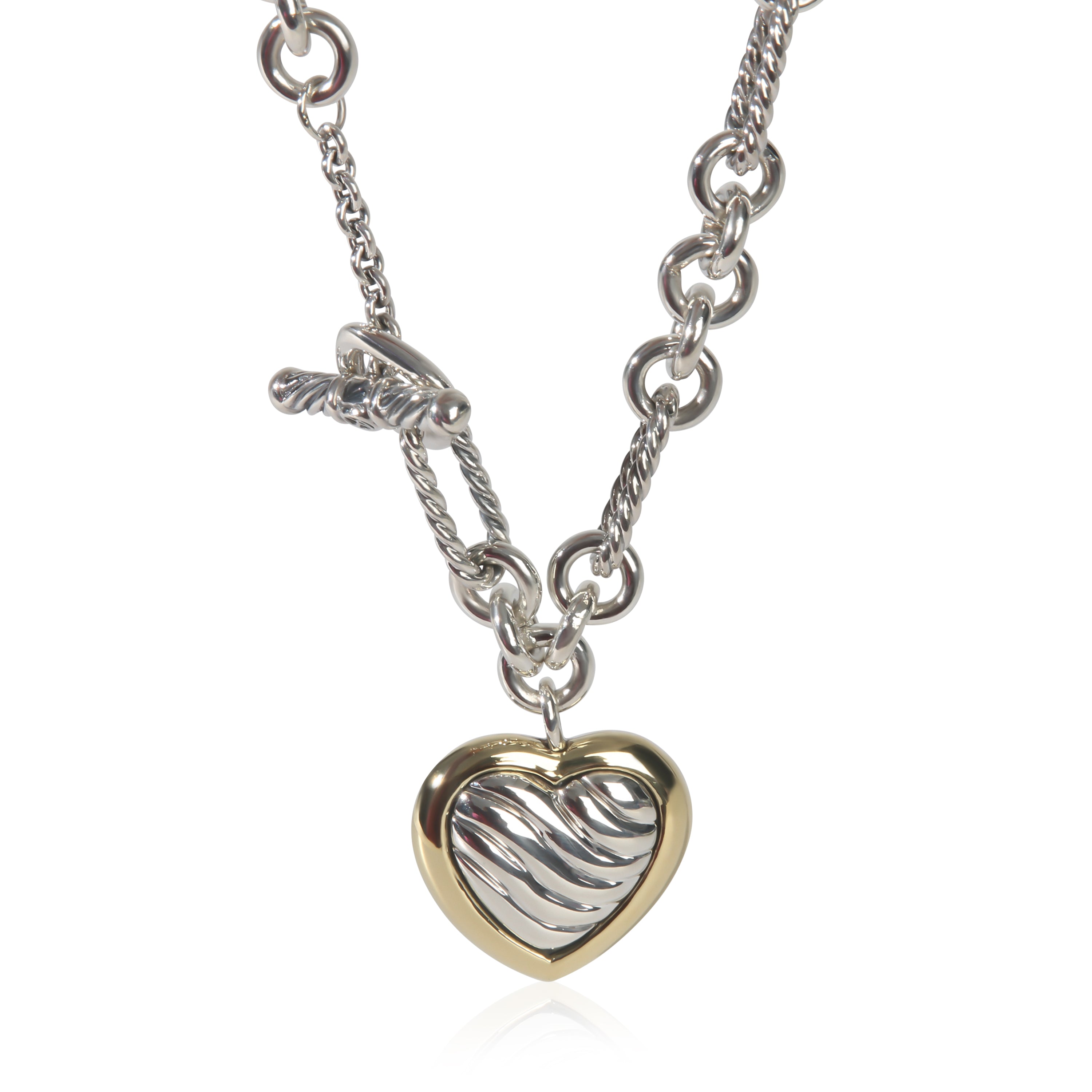 David Yurman Yellow Gold & Sterling Silver  Figaro Link With Heart Charm Necklac fv
