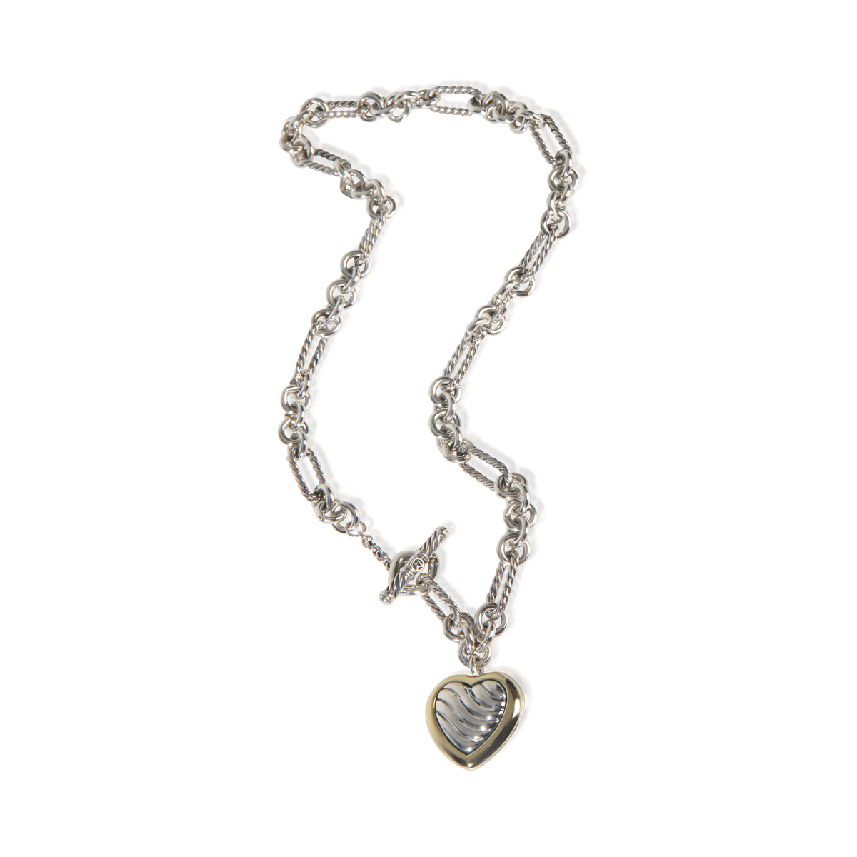 David Yurman Yellow Gold & Sterling Silver  Figaro Link With Heart Charm Necklac pv