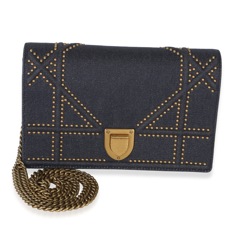Christian Dior Blue Denim Studded Diorama Wallet On Chain Handbag fv