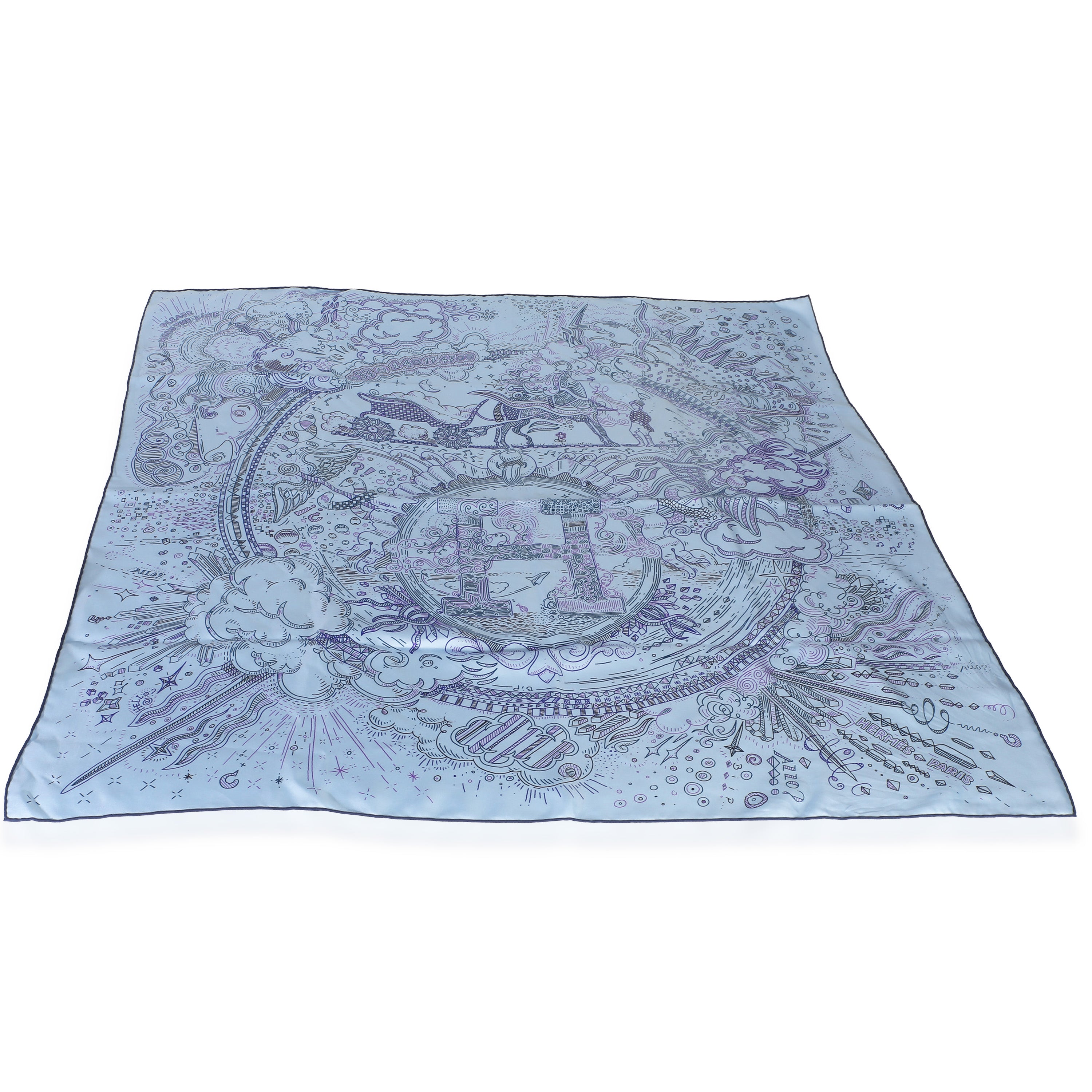 Hermès Bleu Ciel Encre Please Hold The Line Silk Scarf 90 fv