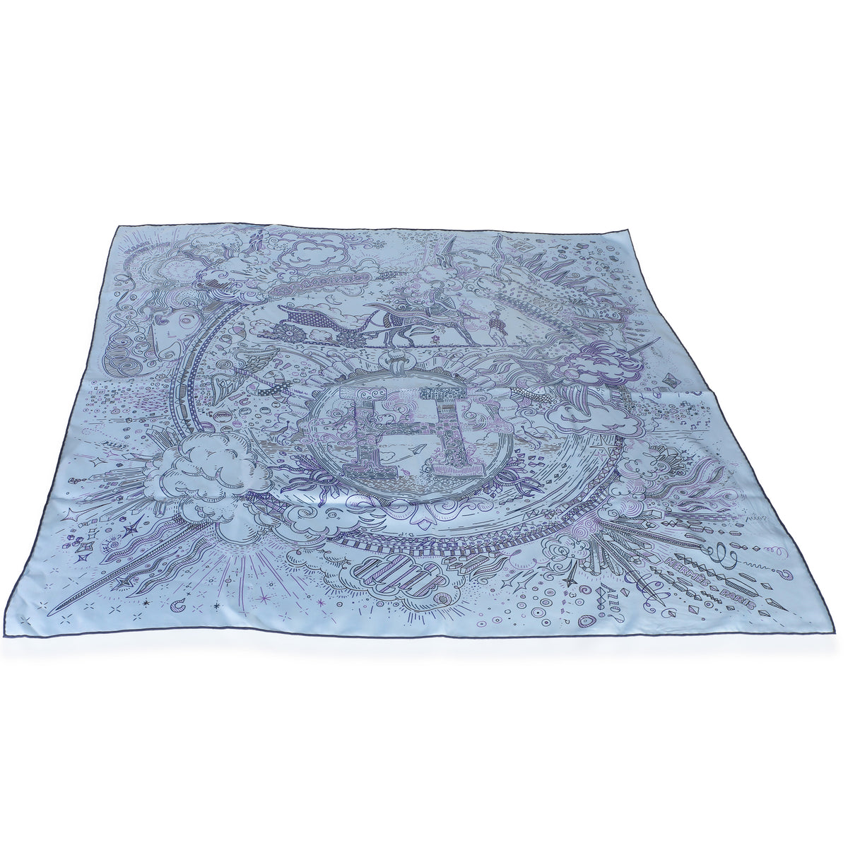 Hermès Bleu Ciel Encre Please Hold The Line Silk Scarf 90 fv