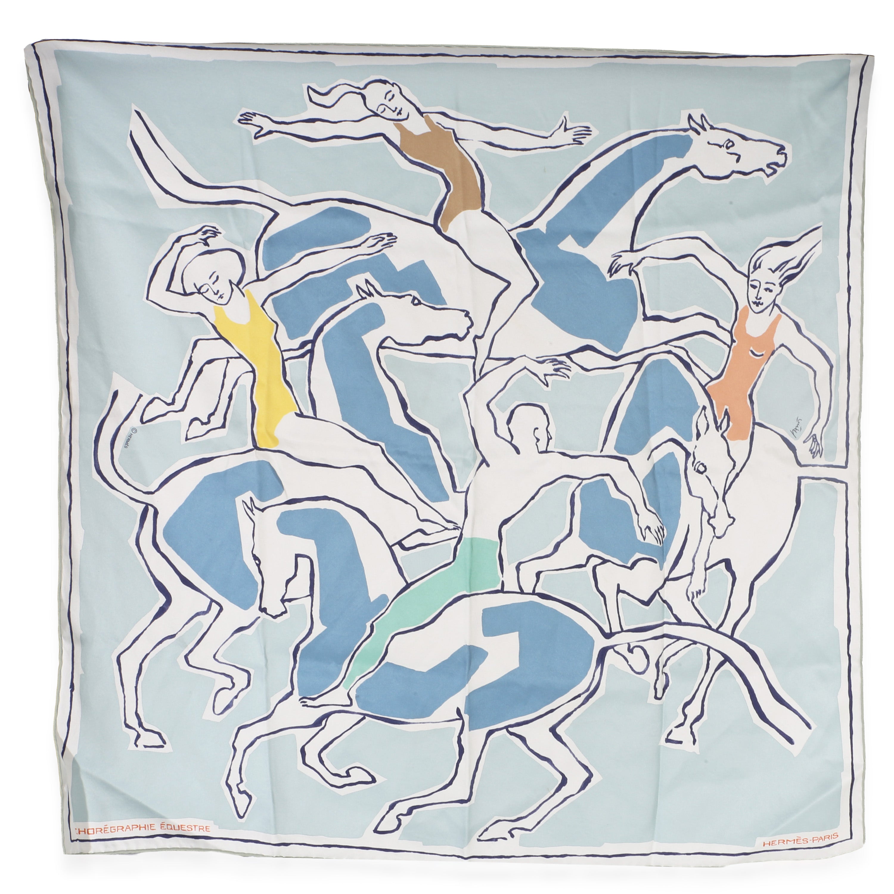 Hermès Bleu Jean Multicolor Choreographie Equestre Silk Scarf 70 fv