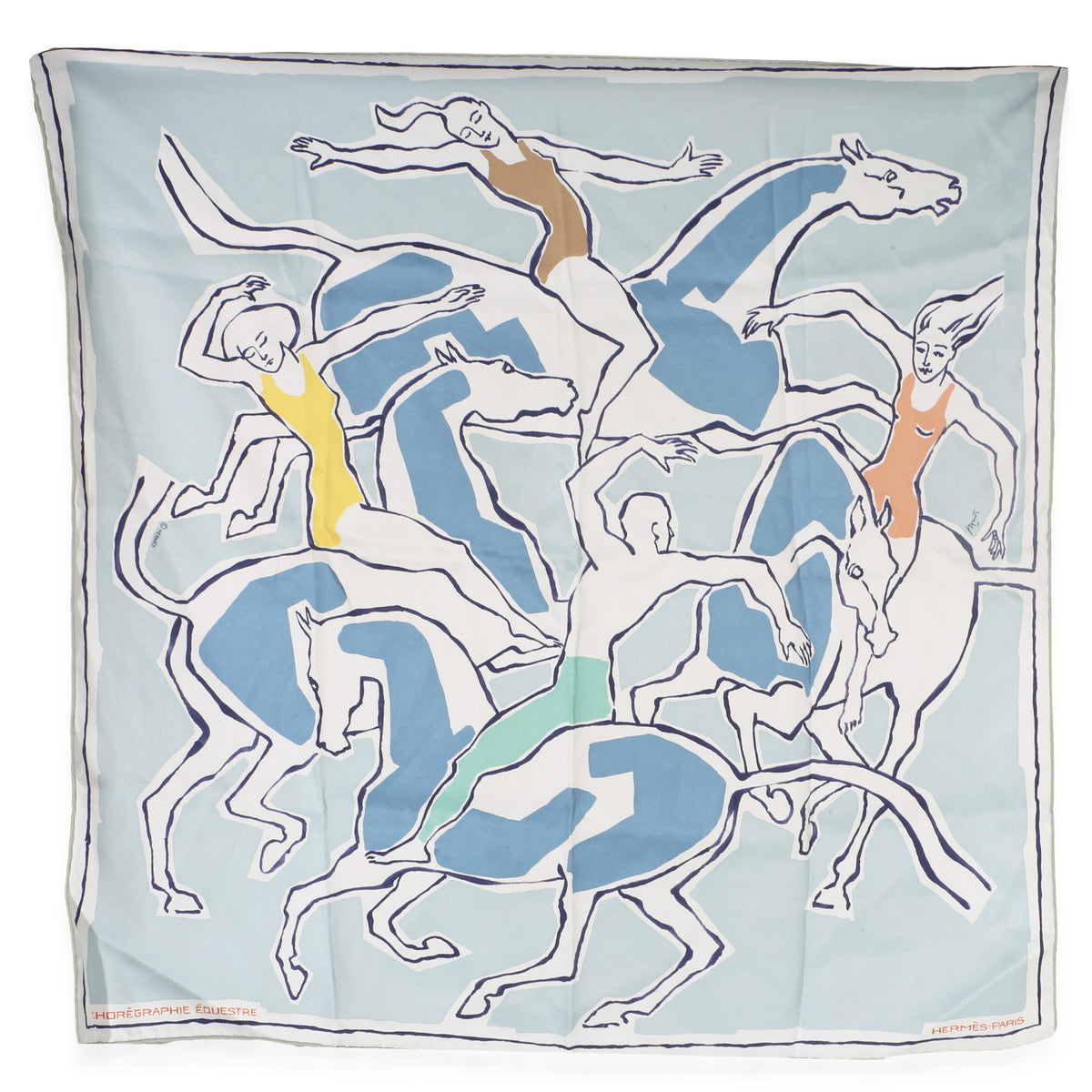 Hermès Bleu Jean Multicolor Choreographie Equestre Silk Scarf 70 fv