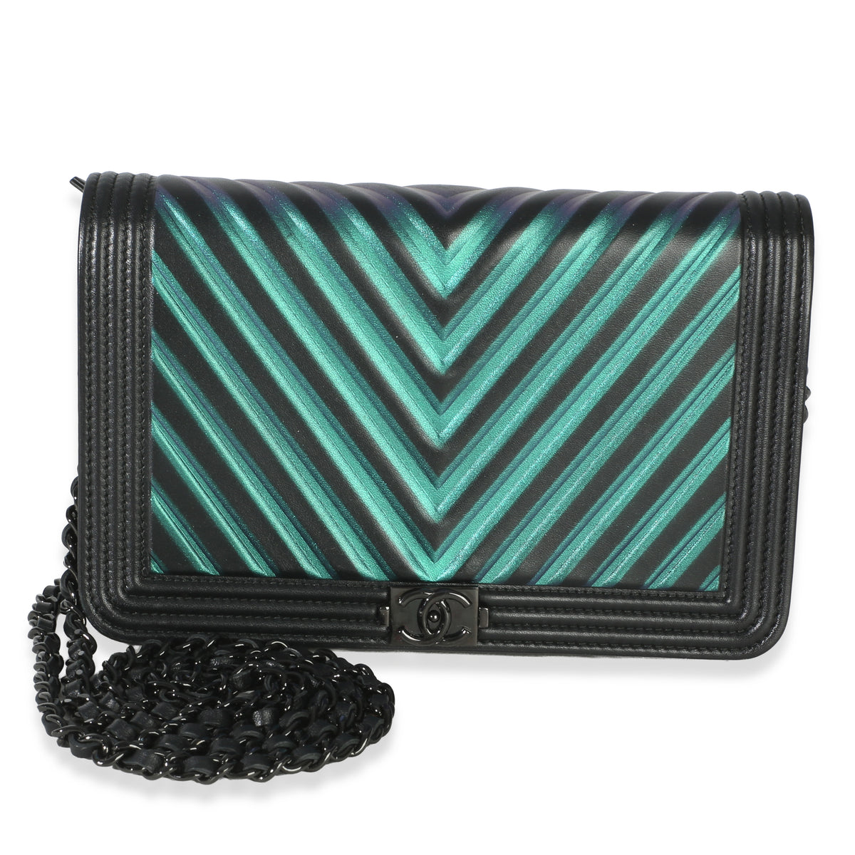 Chanel Black Blue Iridescent Painted Chevron Lambskin Boy Wallet On Chain Handbag id