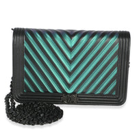 Chanel Black Blue Iridescent Painted Chevron Lambskin Boy Wallet On Chain Handbag id