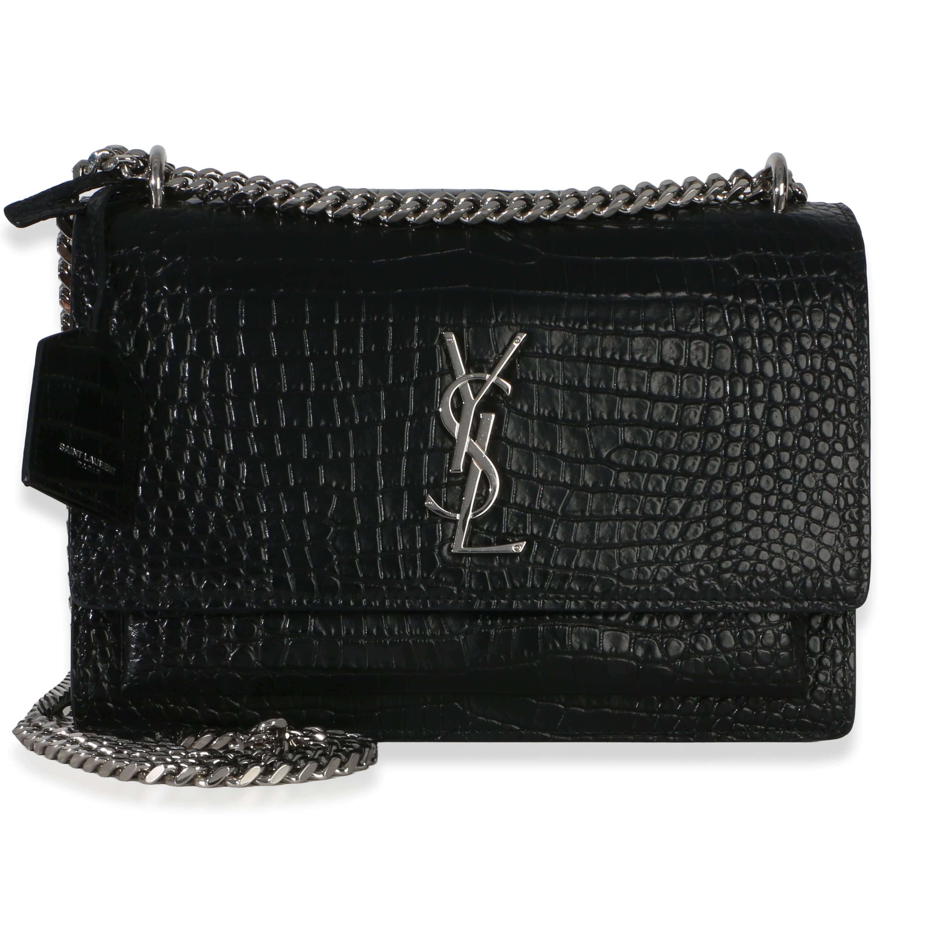 Saint Laurent Black Croc Embossed Calfskin Medium Monogram Sunset Bag Handbag fv