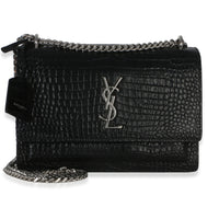 Saint Laurent Black Croc Embossed Calfskin Medium Monogram Sunset Bag Handbag fv