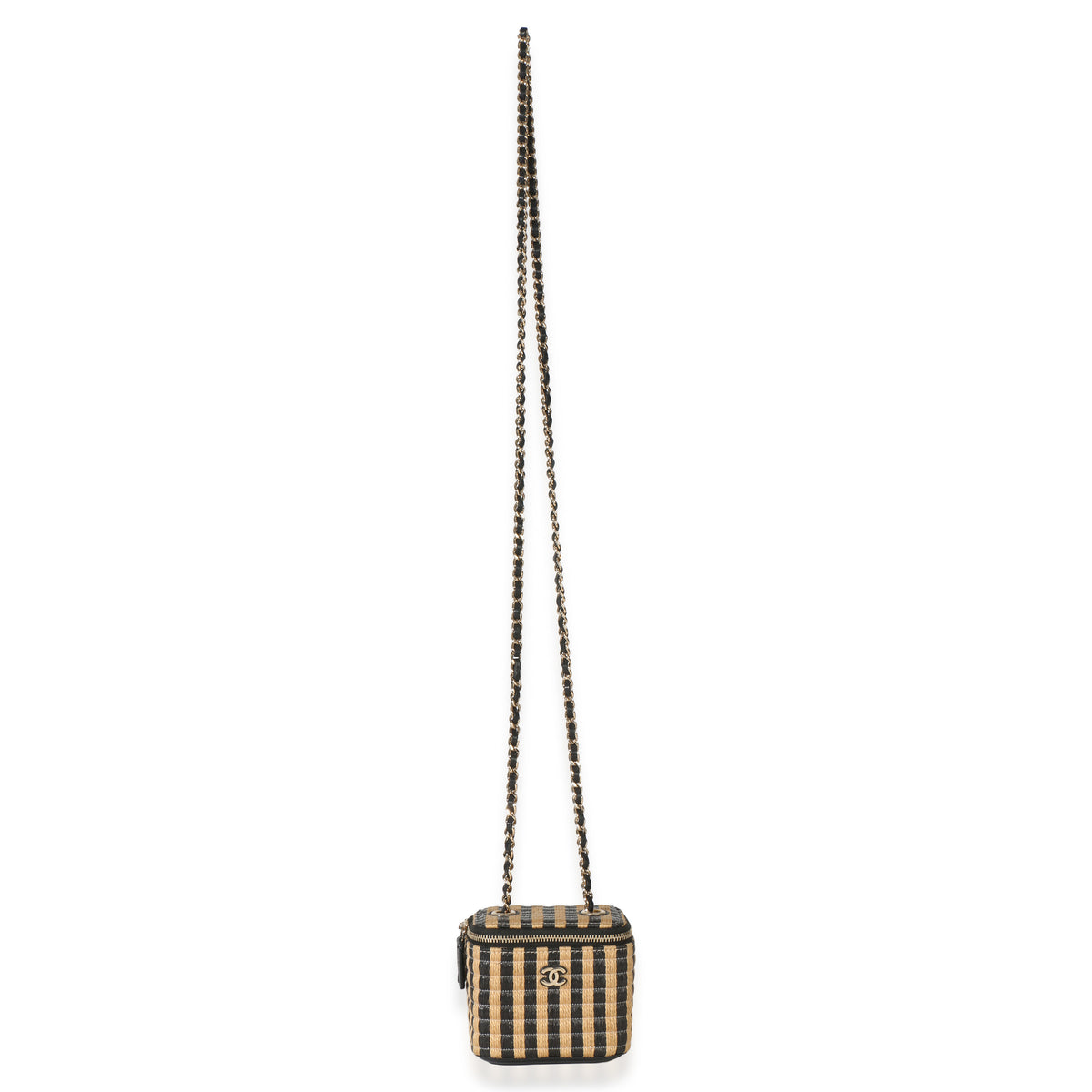Chanel Black Beige Raffia Jute Striped Mini Vanity Case With Chain Handbag av