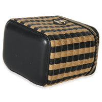 Chanel Black Beige Raffia Jute Striped Mini Vanity Case With Chain Handbag box