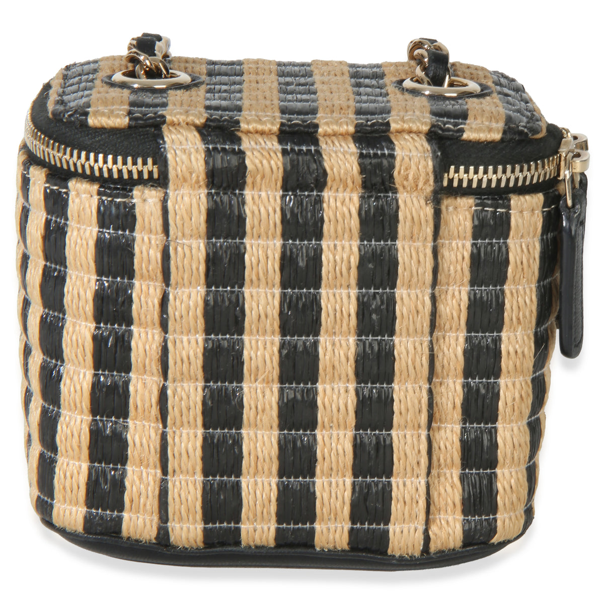 Chanel Black Beige Raffia Jute Striped Mini Vanity Case With Chain Handbag bv