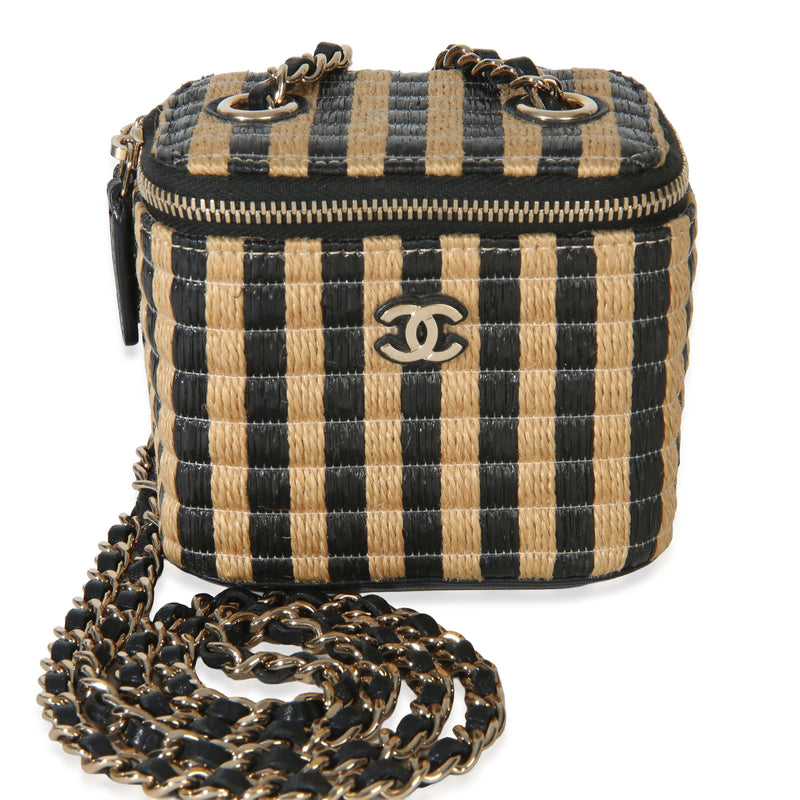 Chanel Black Beige Raffia Jute Striped Mini Vanity Case With Chain Handbag fv