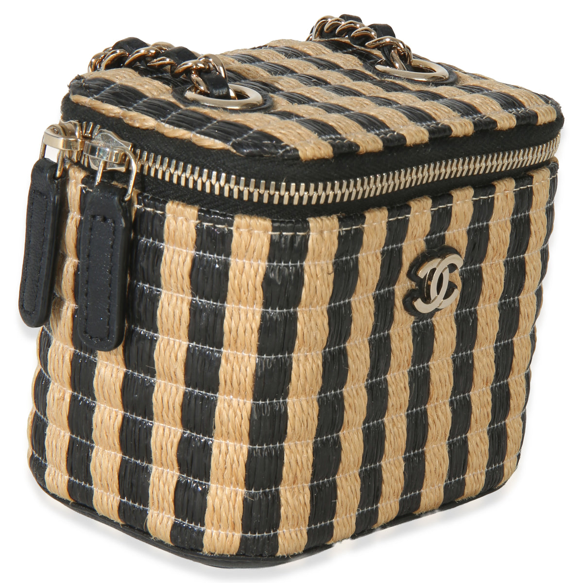 Chanel Black Beige Raffia Jute Striped Mini Vanity Case With Chain Handbag pv