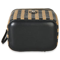 Chanel Black Beige Raffia Jute Striped Mini Vanity Case With Chain Handbag stamp