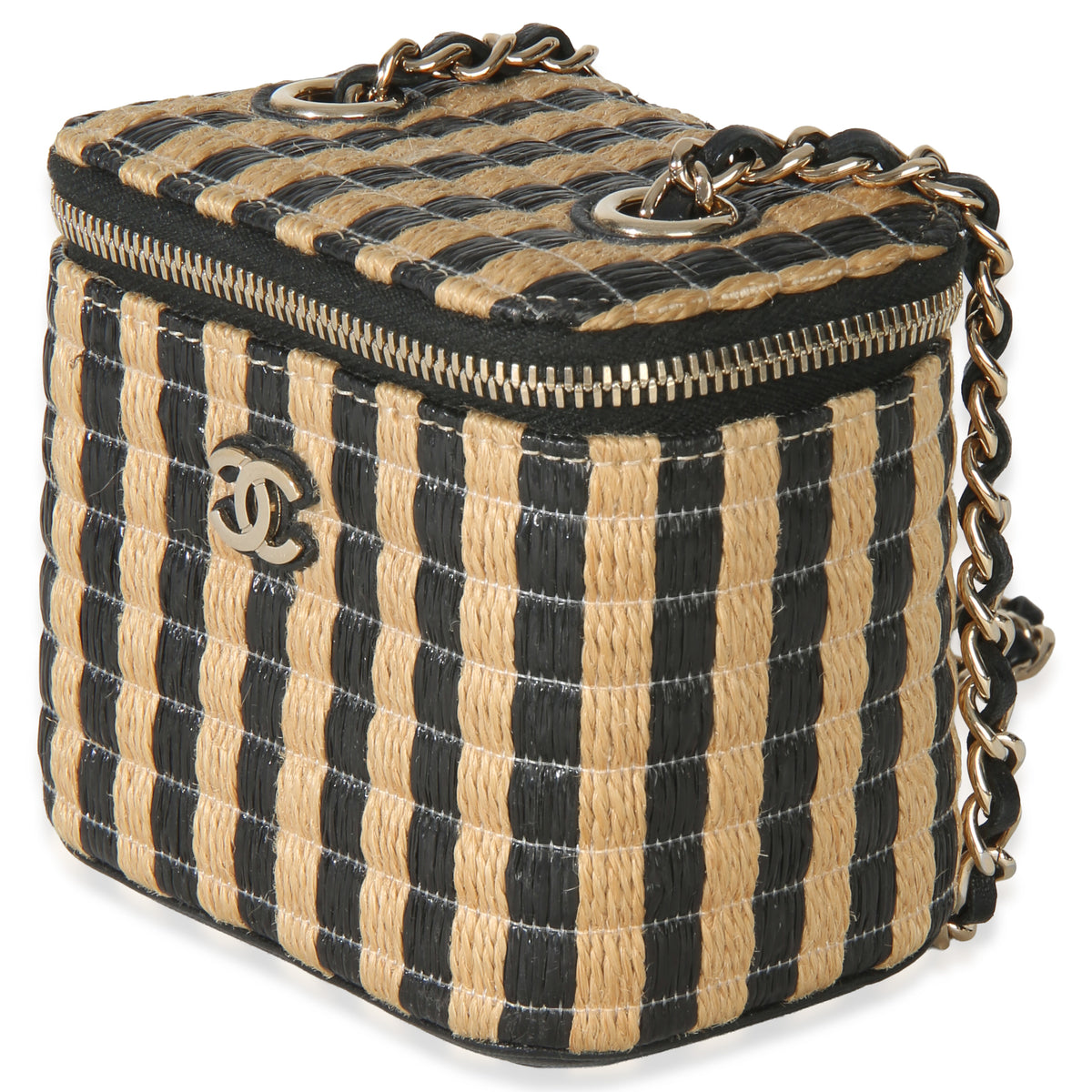 Chanel Black Beige Raffia Jute Striped Mini Vanity Case With Chain Handbag sv