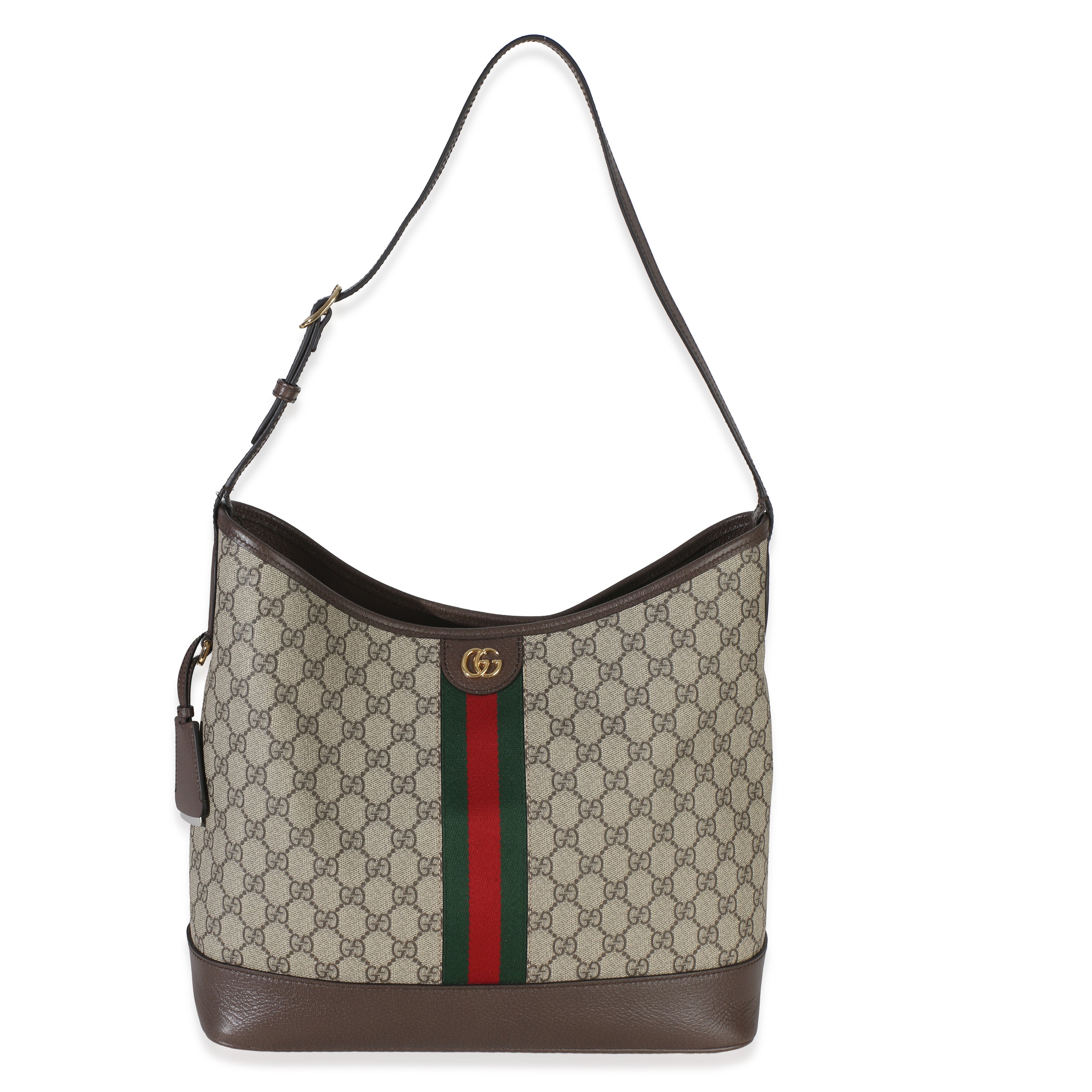 Gucci Beige Ebony GG Supreme Monogram Textured Dollar Calfskin Web Large Ophidia Handbag fv