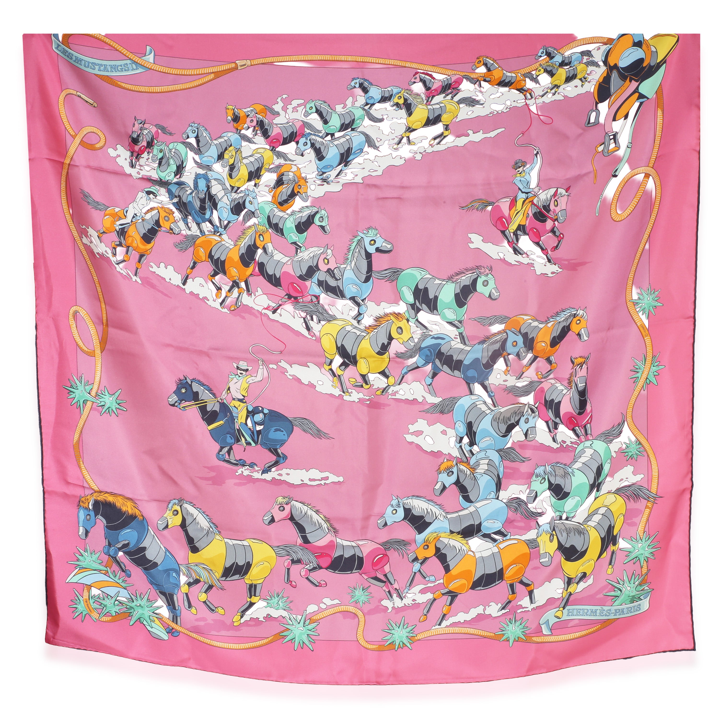 Hermès Rose Multicolor Les Mustangs Double Face Silk Scarf 90 fv