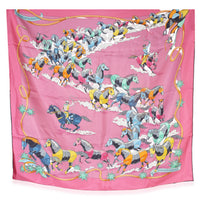 Hermès Rose Multicolor Les Mustangs Double Face Silk Scarf 90 fv