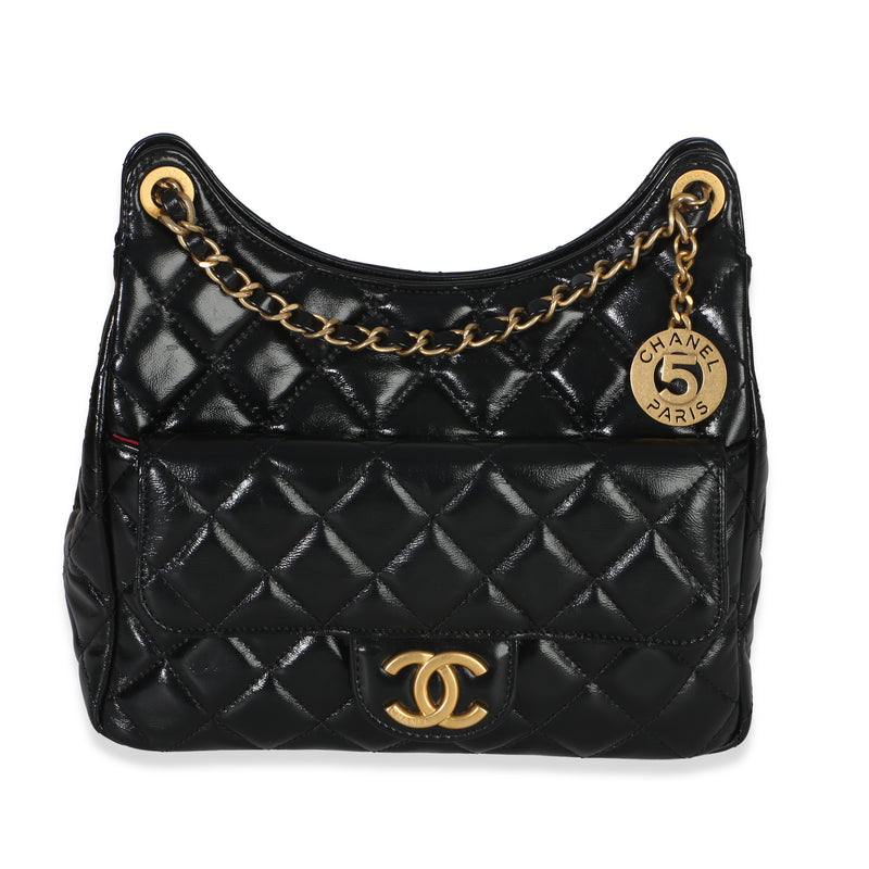 Chanel Black Quilted Shiny Crumpled Calfskin Small Wavy CC Hobo Handbag id