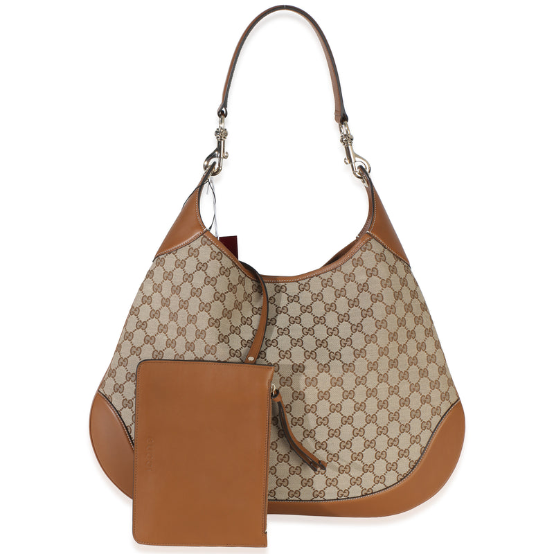 Gucci Brown Beige GG Supreme Calfskin B Large Shoulder Bag Handbag fv