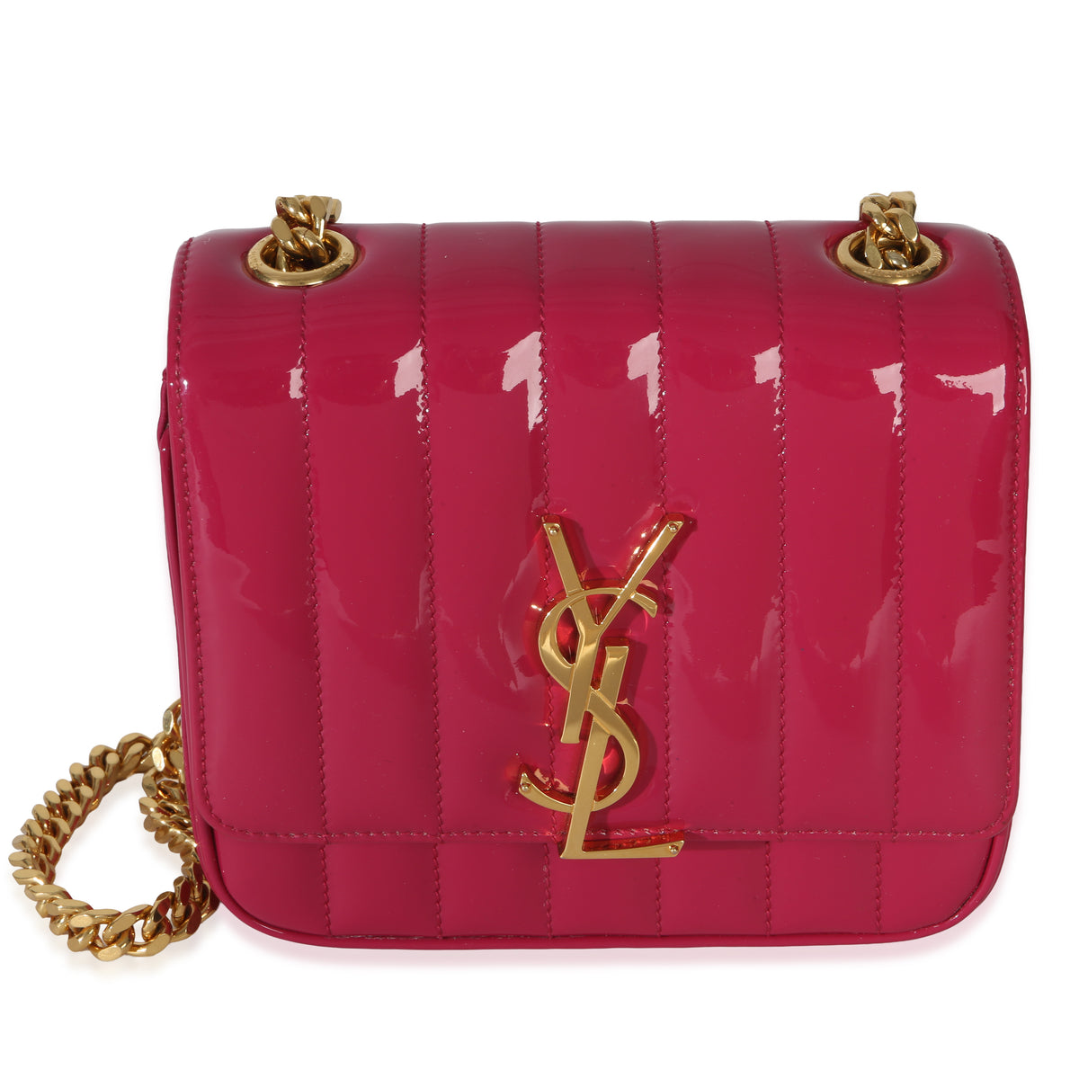 Saint Laurent Pink Patent Matelasse Monogram Small Vicky Chain Bag Handbag fv