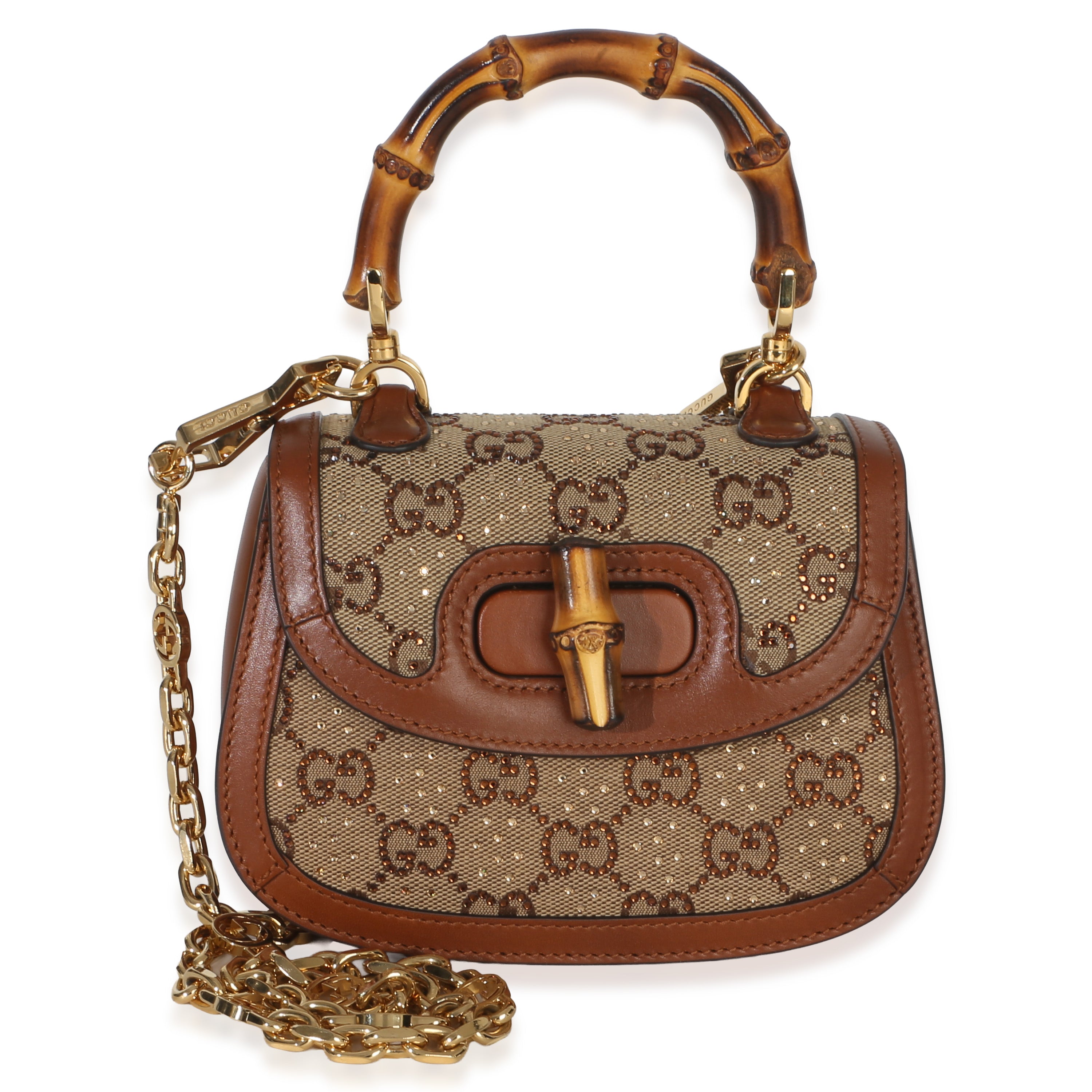 Gucci Camel GG Supreme Canvas Calfskin Crystal Small Bamboo 1947 Top Handle Handbag id
