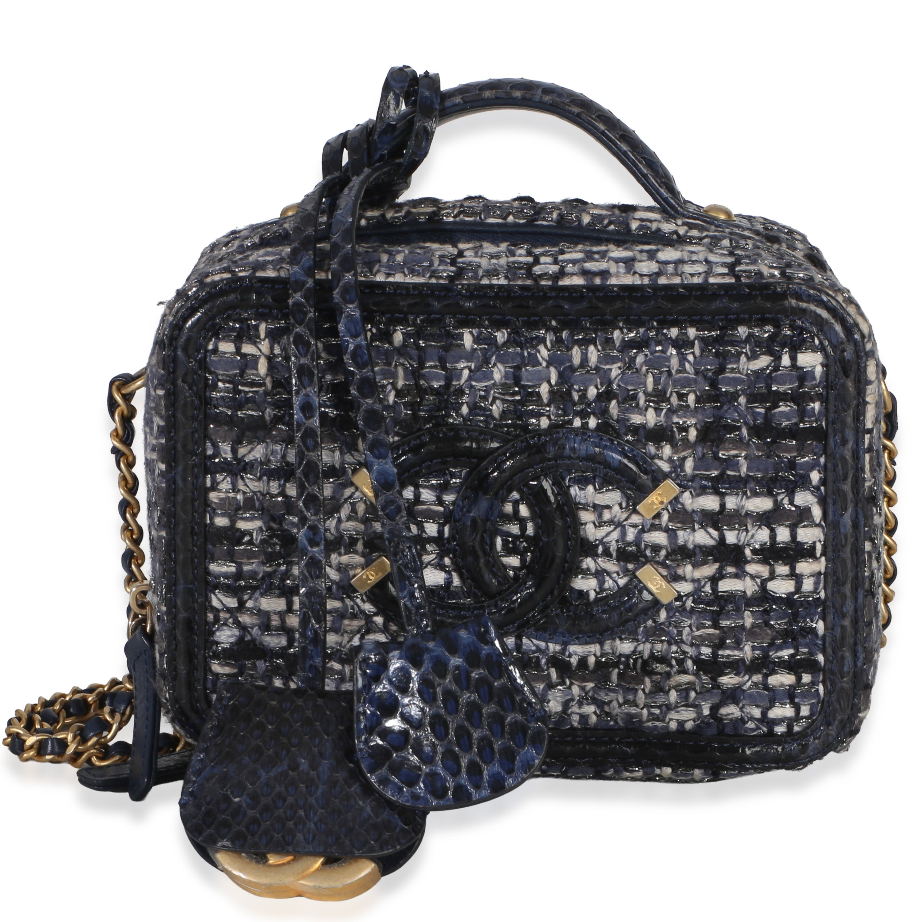 Chanel Navy Tweed Python Small Filigree Vanity Case Handbag id