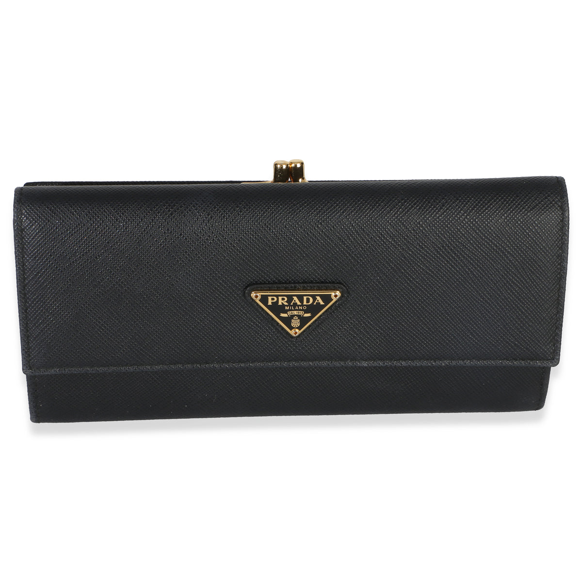 Prada Black Saffiano Triangle Kisslock Flap Wallet Wallet id