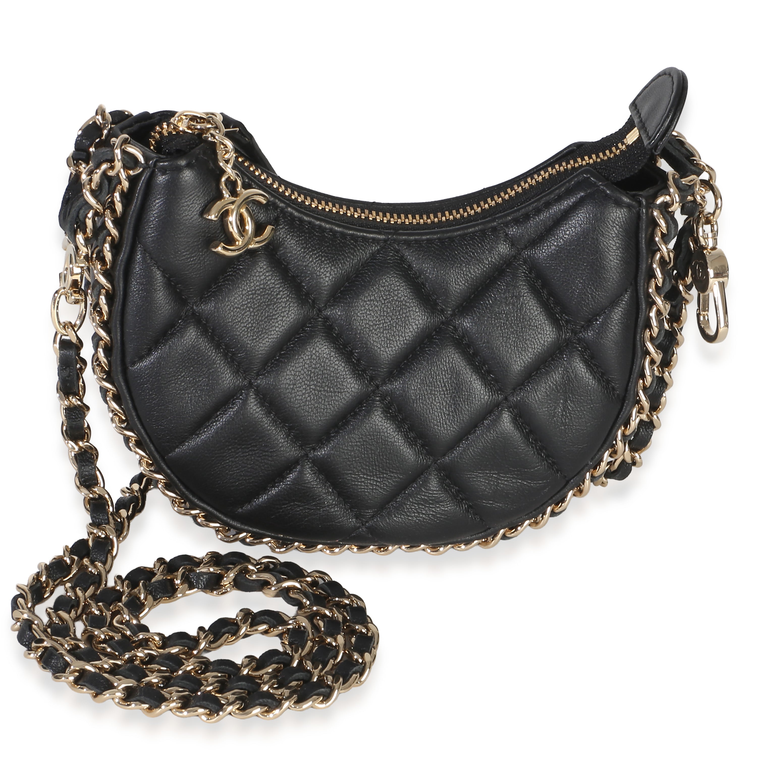 Chanel Black Lambskin Quilted CC Chain Around Mini Moon Hobo Crossbody Handbag id