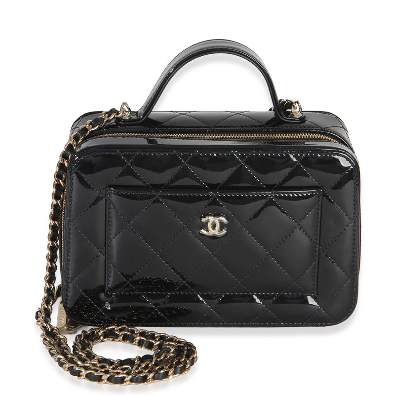 Chanel Black Quilted Patent Top Handle Vanity With Chain Handbag id