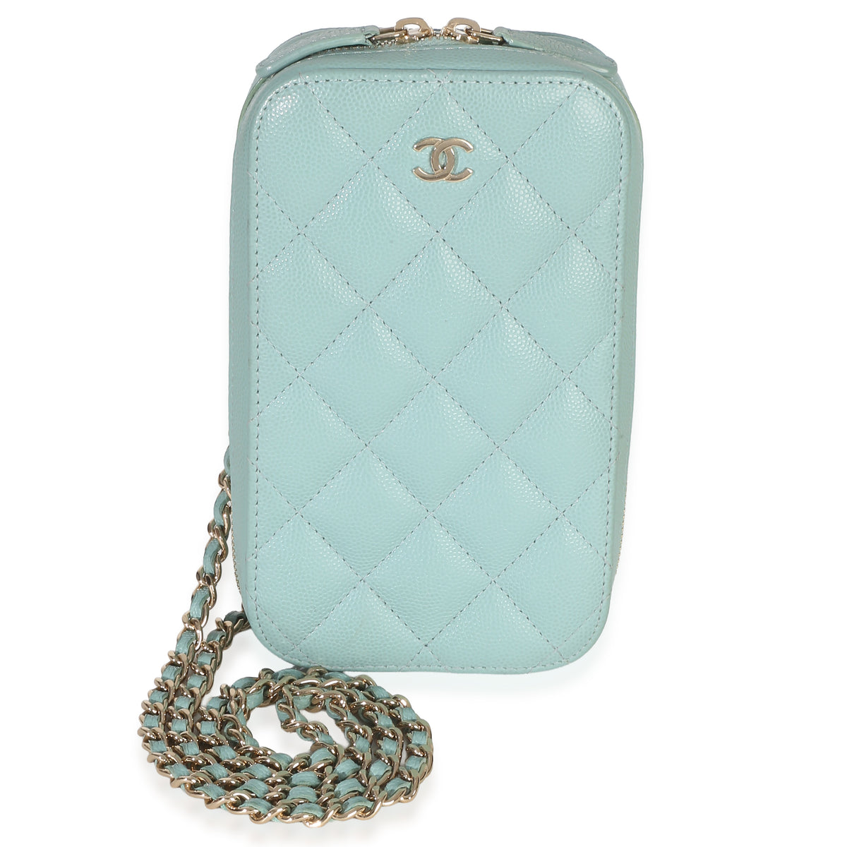 Chanel Teal Quilted Caviar Zip Around Phone Holder With Chain Handbag id