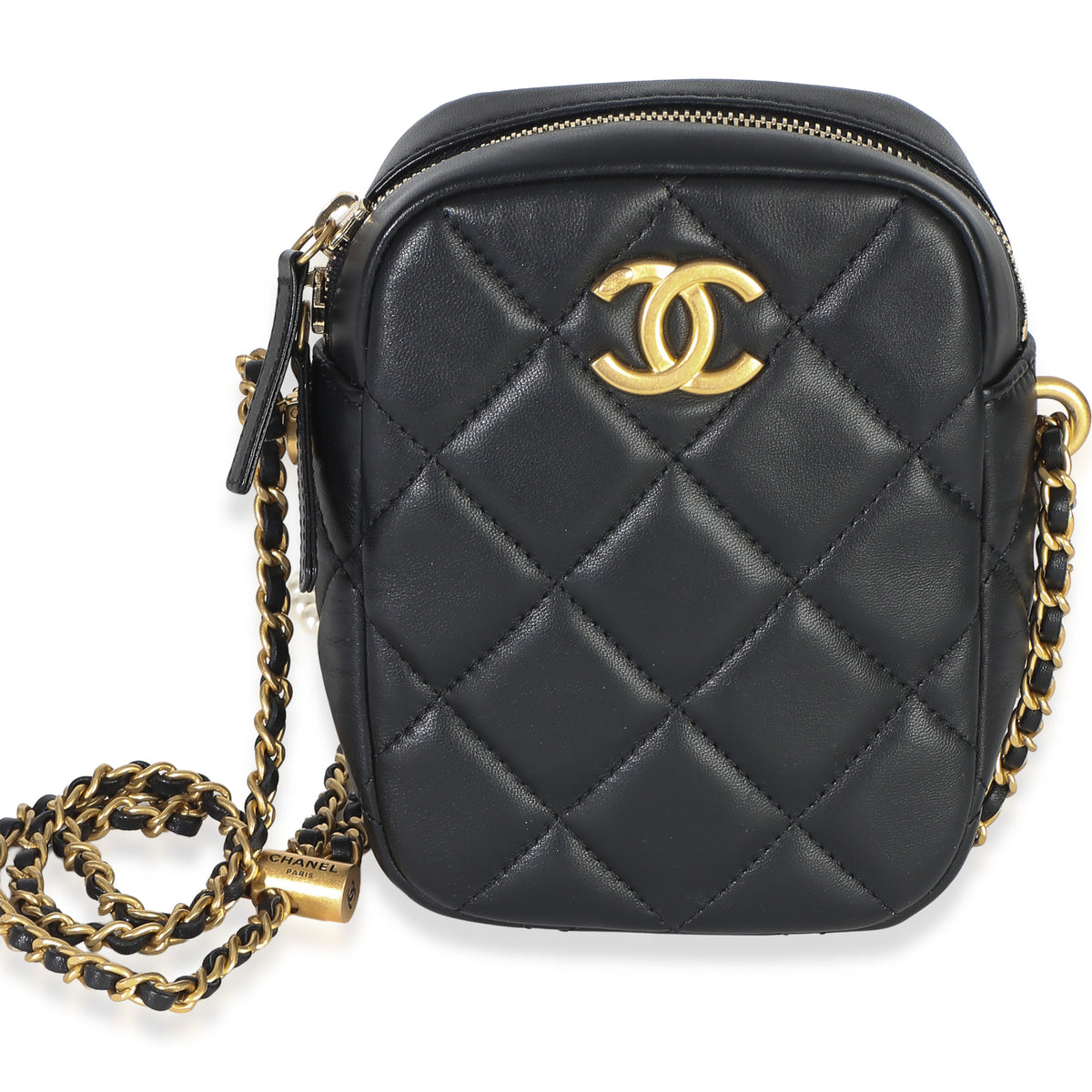 Chanel Black Quilted Lambskin My Perfect Pearl Chain Vertical Camera Case Handbag id