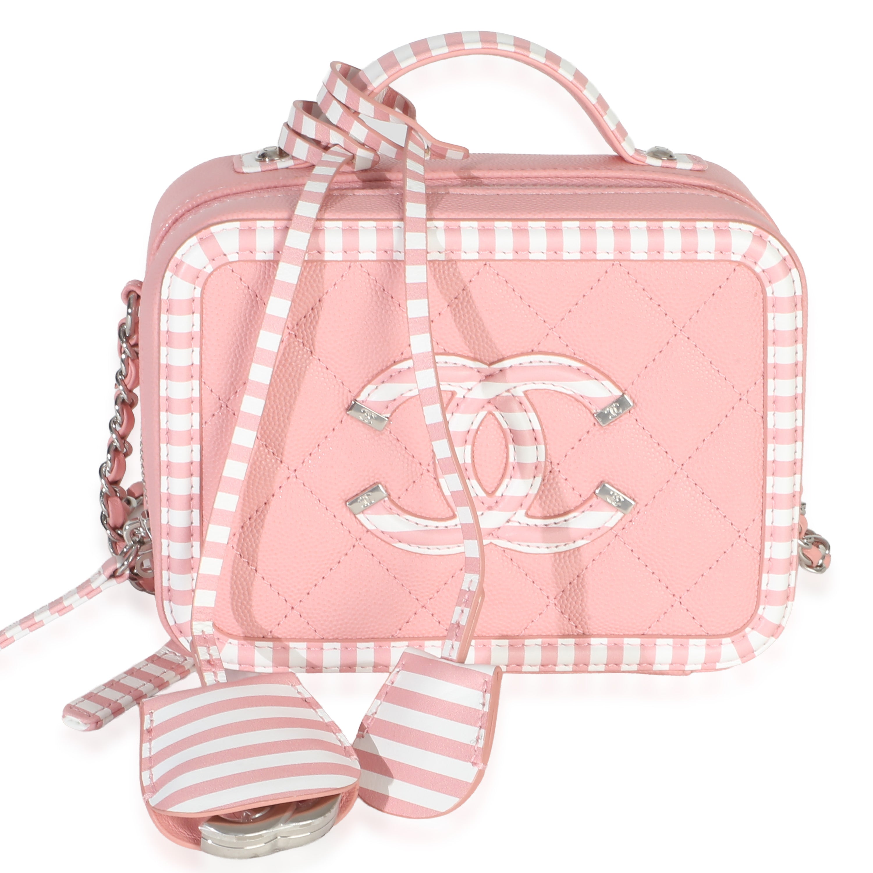 Chanel Pink Quilted Caviar Striped Small CC Filigree Vanity Case Handbag id
