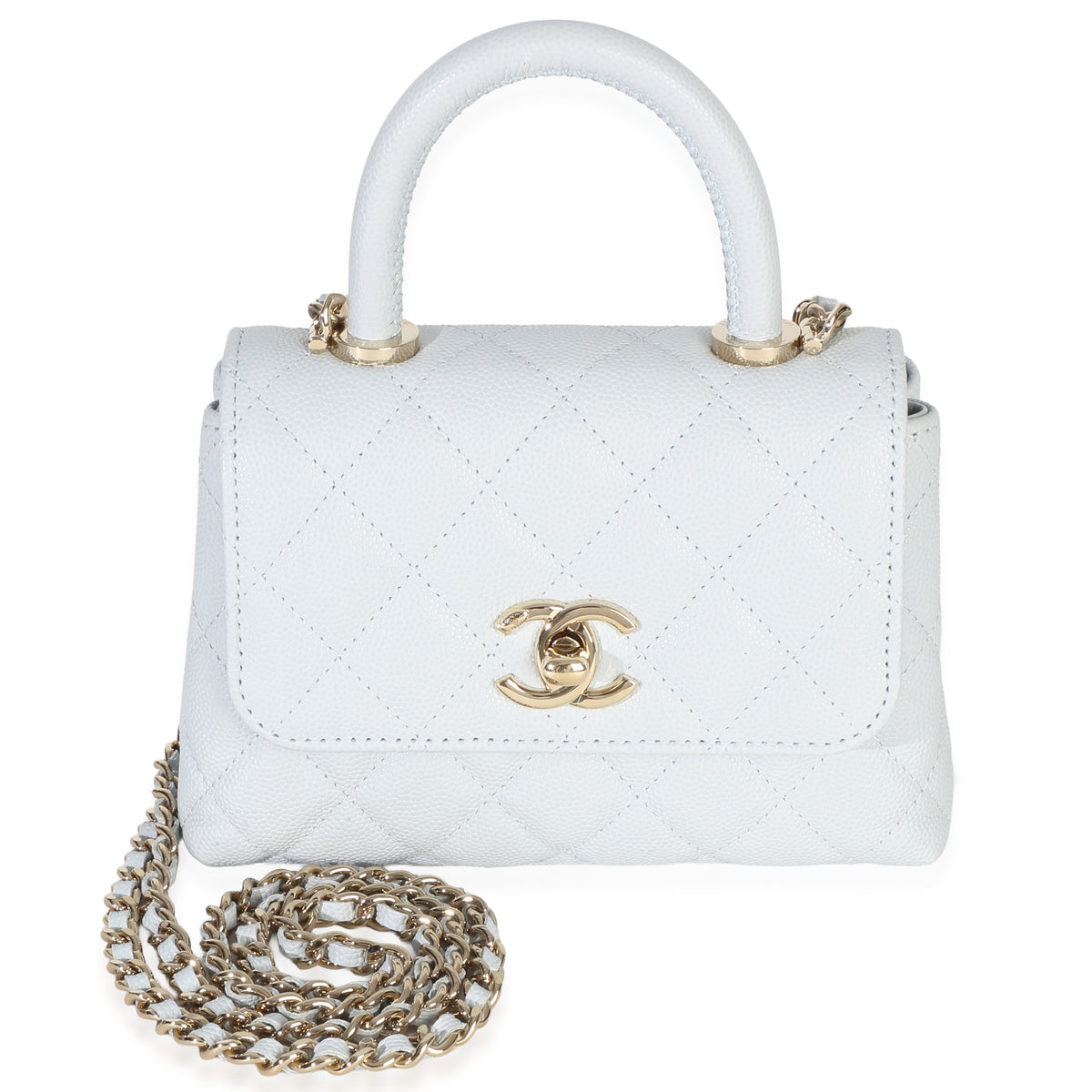 Chanel Light Blue Quilted Caviar Coco Handle Clutch With Chain Handbag id
