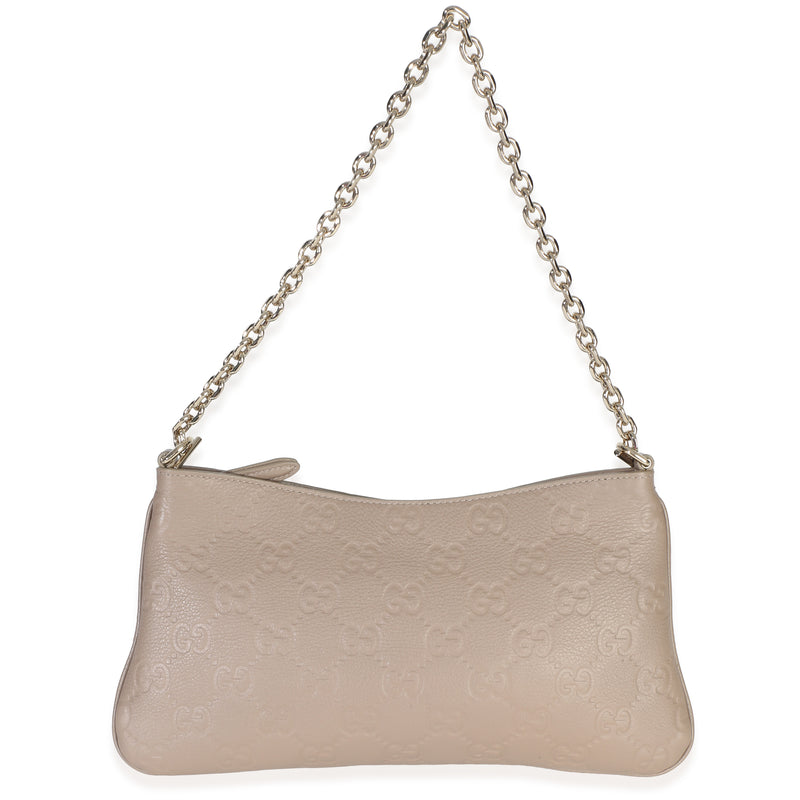 Gucci Taupe Grained Calfskin GG Emblem Embossed Medium Chain Shoulder Bag Handbag id