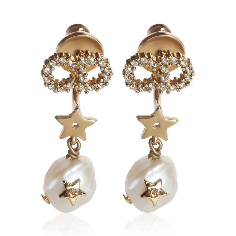 Christian Dior Gold Plated  Crystal CD & Faux Pearl Earrings fv