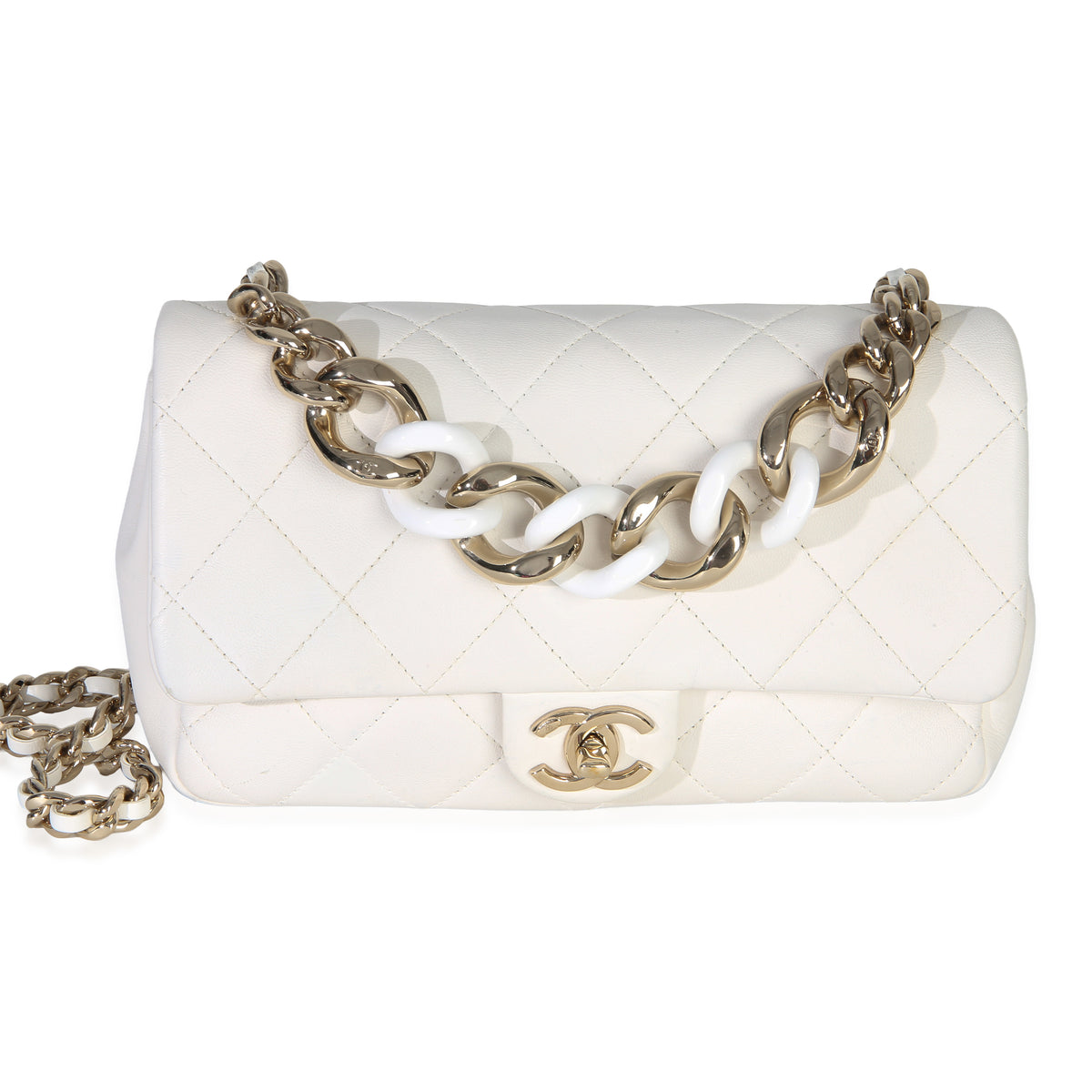 Chanel White Quilted Lambskin Resin Elegant Chain Flap Bag Handbag id