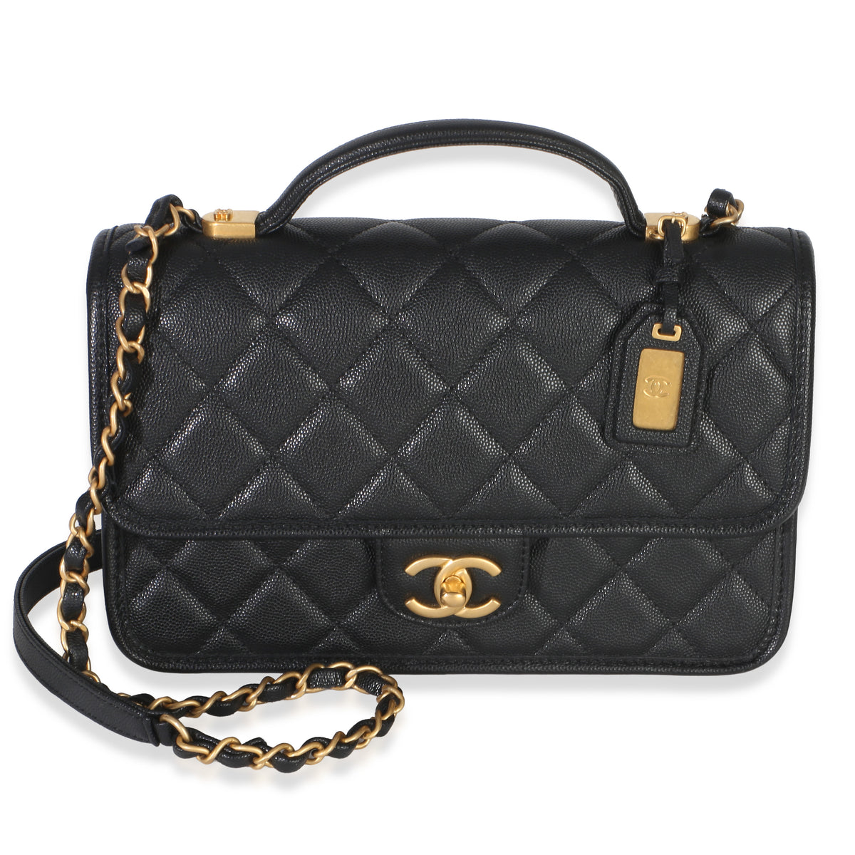 Chanel Black Quilted Caviar 22K Top Handle Flap Bag Handbag id