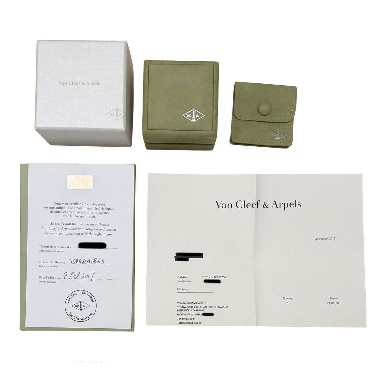 Van Cleef & Arpels Yellow Gold Carnelian and Diamond Vintage Alhambra Ring box