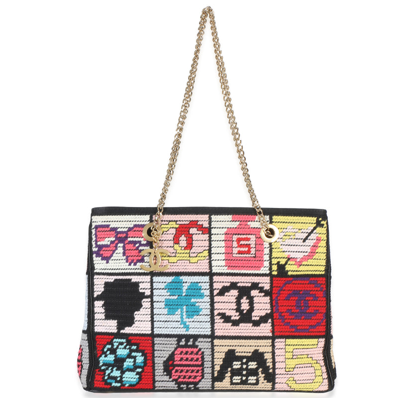 Chanel Vintage Black Multicolor Needlepoint Precious Symbols Shoulder Bag Handbag id