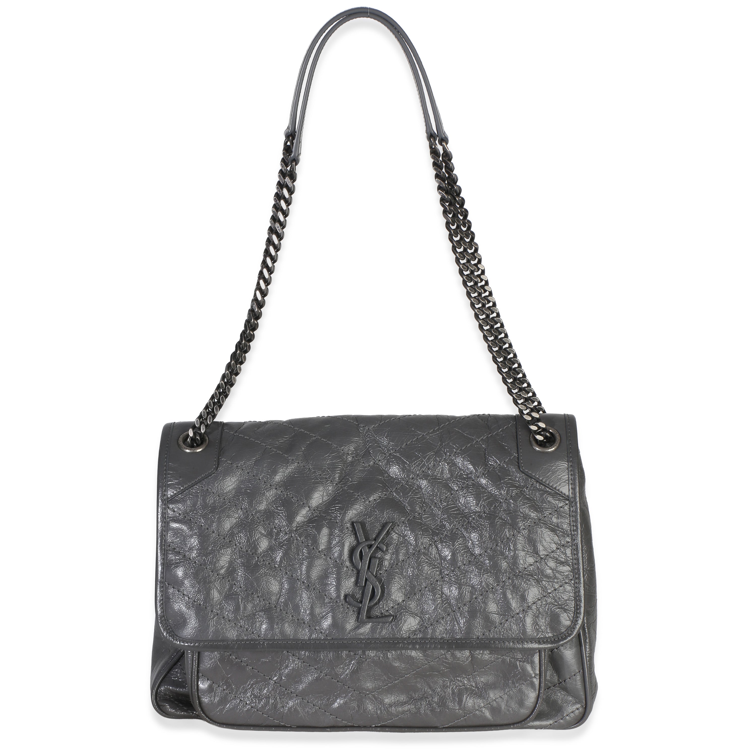 Saint Laurent Grey Crinkled Calfskin Matelasse Medium Niki Chain Satchel Handbag id