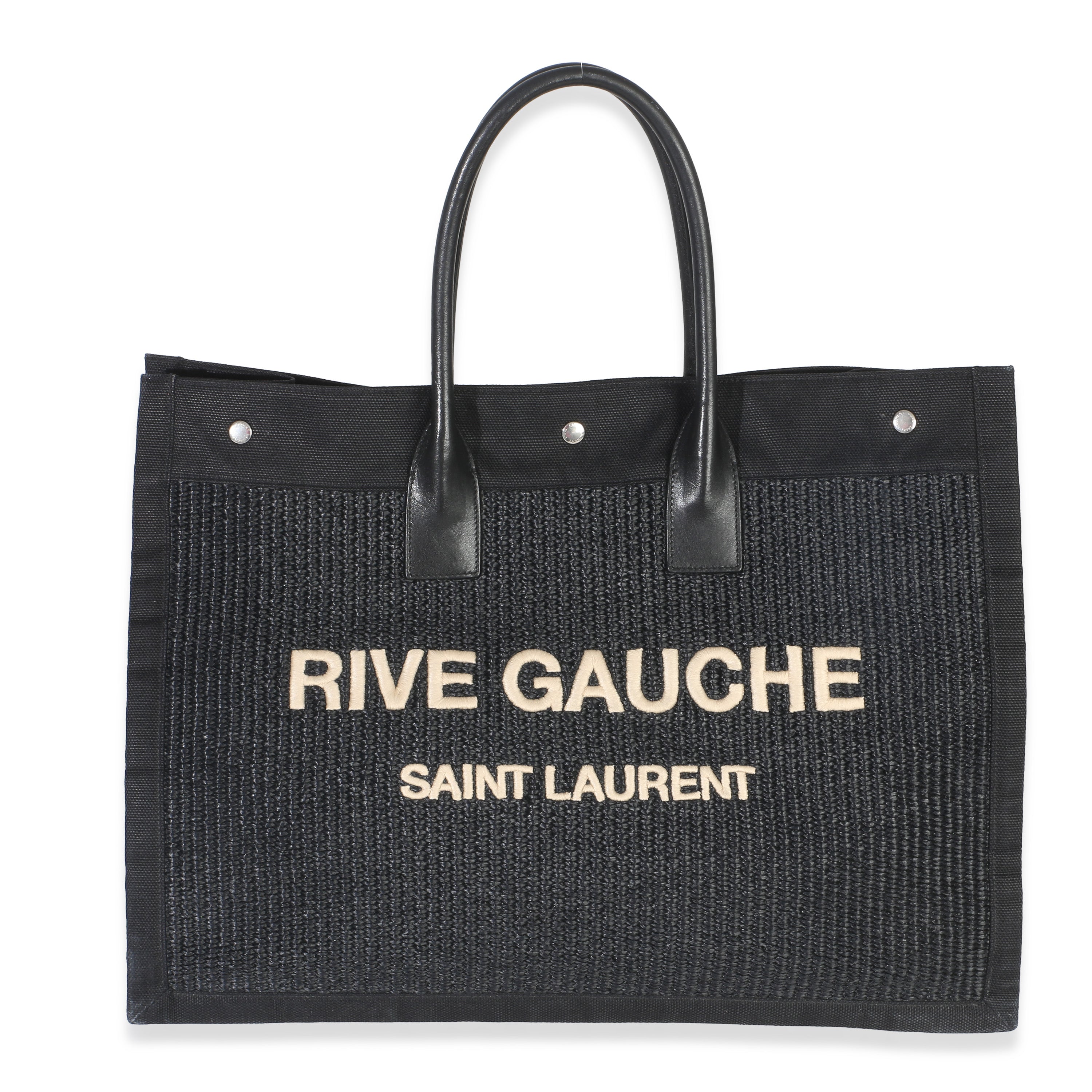 Saint Laurent Black Beige Raffia Rive Gauche Tote Handbag id