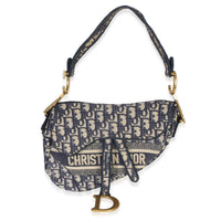 Christian Dior Blue Oblique Embroidered Medium Saddle Bag Handbag id
