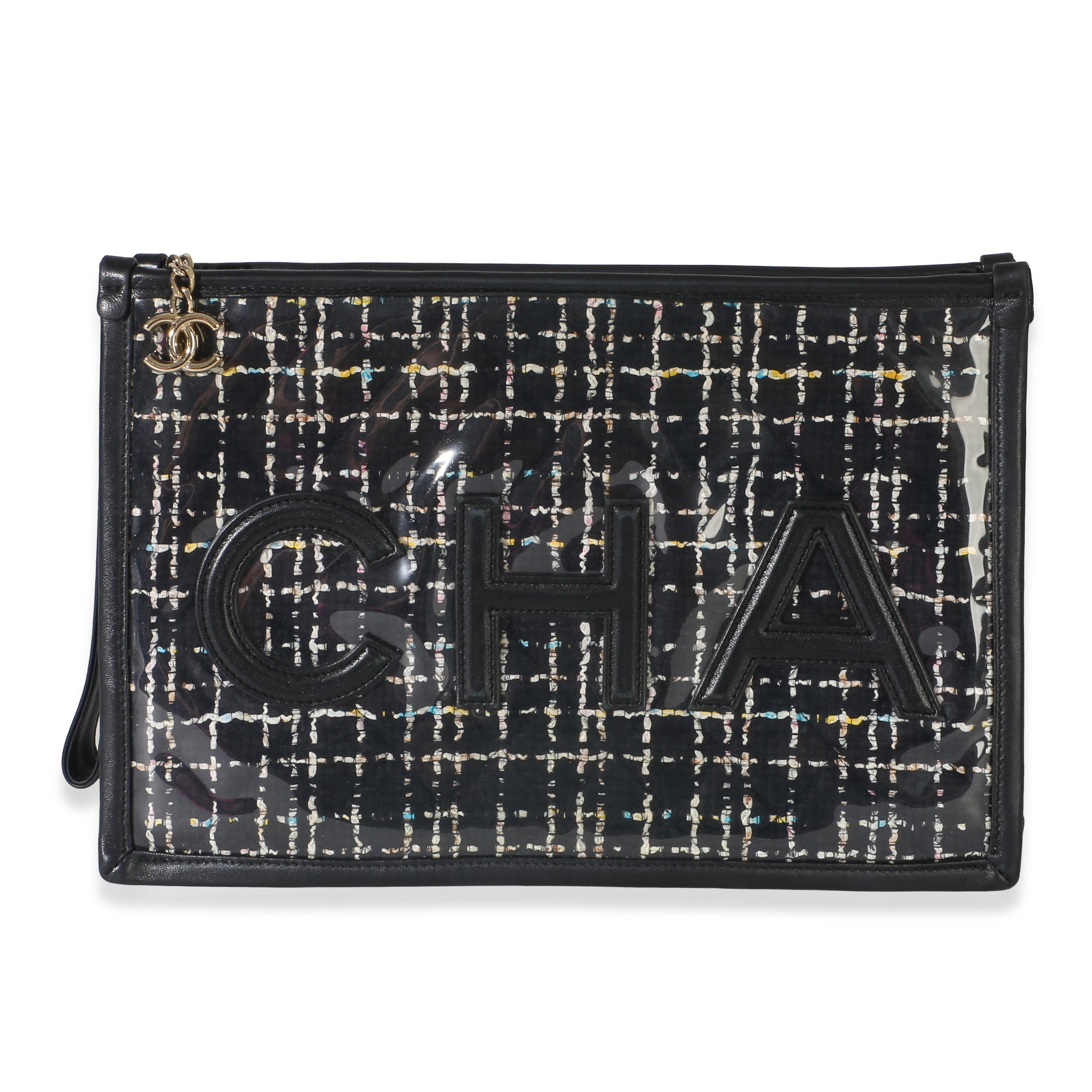 Chanel Black Tweed PVC Lambskin Logo Large Pouch Handbag id