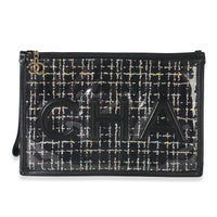Chanel Black Tweed PVC Lambskin Logo Large Pouch Handbag id