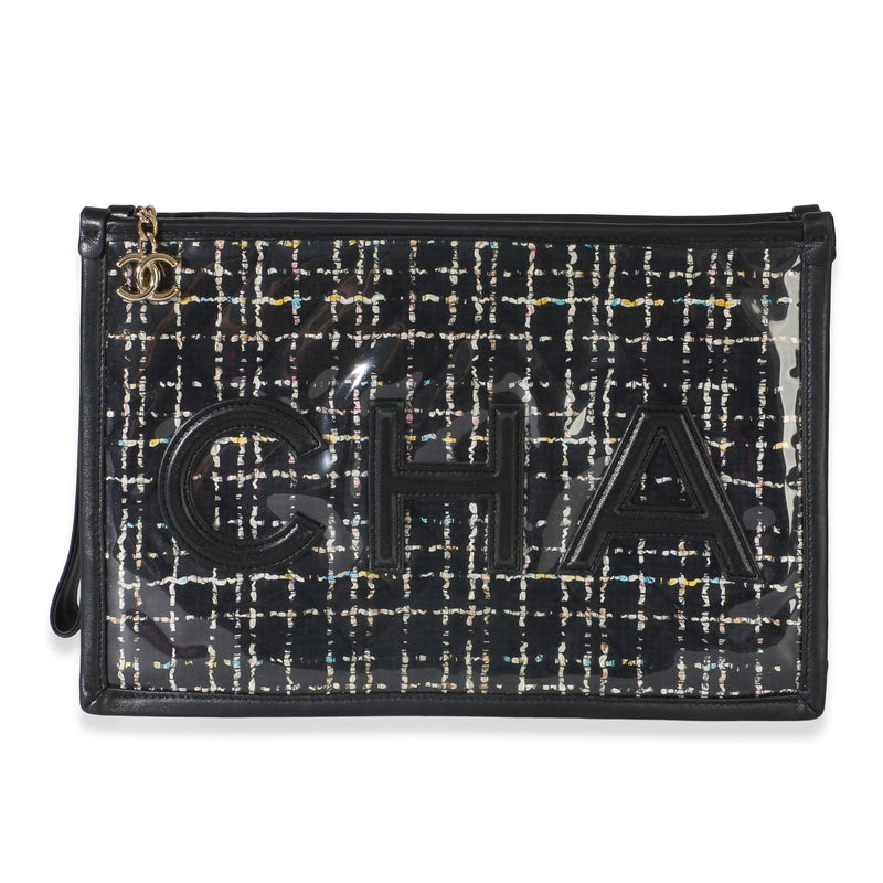 Chanel Black Tweed PVC Lambskin Logo Large Pouch Handbag id