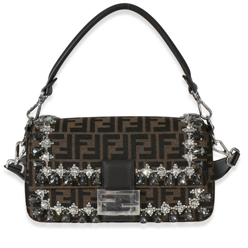 Fendi Brown FF Jacquard Strass Crystal Embellished Baguette Bag Handbag id